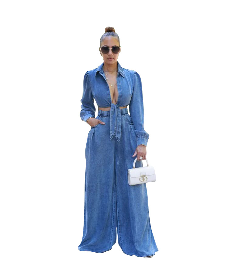 Damenbekleidung neuer lässiger Jeansanzug mit weitem Bein für Damen_voghion.com