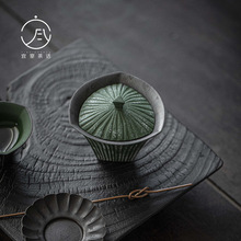 宜室茶话手绘陶瓷三角盖碗功夫茶具创意日式侘寂泡茶碗手抓碗墨绿