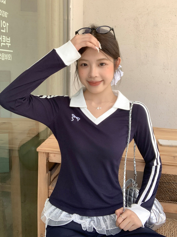 polo翻领条纹撞色长袖T恤女装早秋穿搭条纹杠内搭打底衫修身上衣|undefined