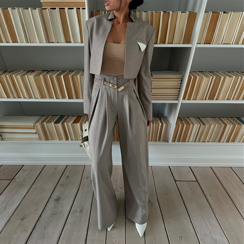 Women's Stylish Striped Blazer And Trousers Casual Suit Set