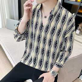 夏季7分袖衬衫宽松t恤男短袖V领上衣服韩版翻领polo衫七分袖衬衫