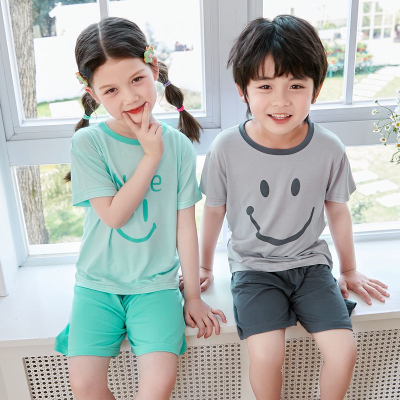 Summer Children's Modal Short-sleeved Shorts Set Boys and Girls Home Clothes Smiley Contrast Color Baby T-shirt Set