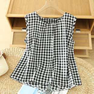 2025 Summer Retro Hong Kong Style Plaid Sleeveless Vest Women's Summer Back Slit Shirt Trendy