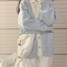 2023新款秋装蓝色v领小香风针织开衫女春秋季慵懒风宽松毛衣外套