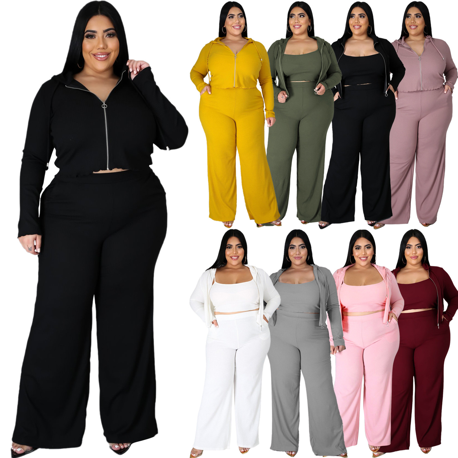 women plus size sweatshirt tube top bell-bottoms three-piece lounge set nihaostyles clothing wholesale NSBMF80103