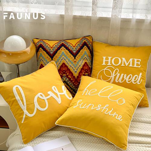 Popular European and American simple American plush embroidered pillow with scroll bar Yellow blue casual embroidered cushion
