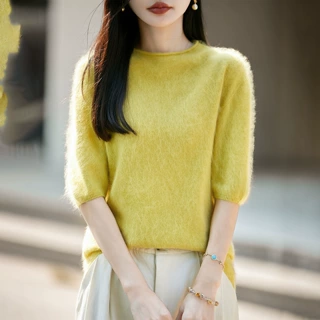 秋冬新款羊绒羊毛一线成衣卷边女圆领针织衫短袖纯色拉绒羊毛衫