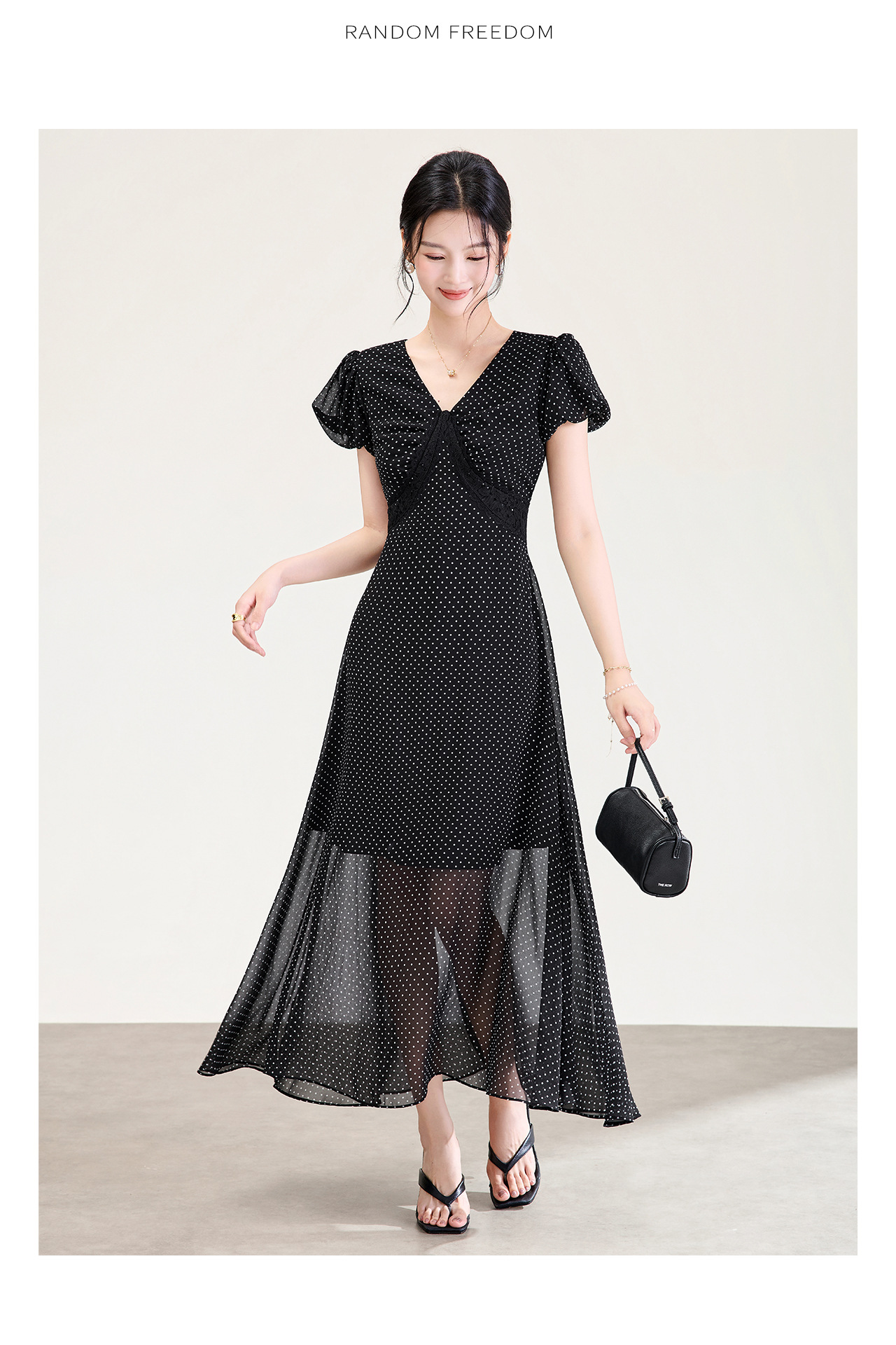 Đầm maxi nữ cổ V ren chấm bi phong cách Pháp thắt eo — màu đen chi tiết 15