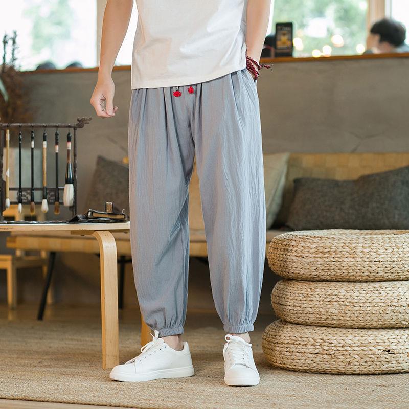Pantalones anchos de algodón y lino, pantalones harem de estilo fino de verano para hombres, estilo chino, gordos sueltos de gran tamaño, pantalón de nueve puntos