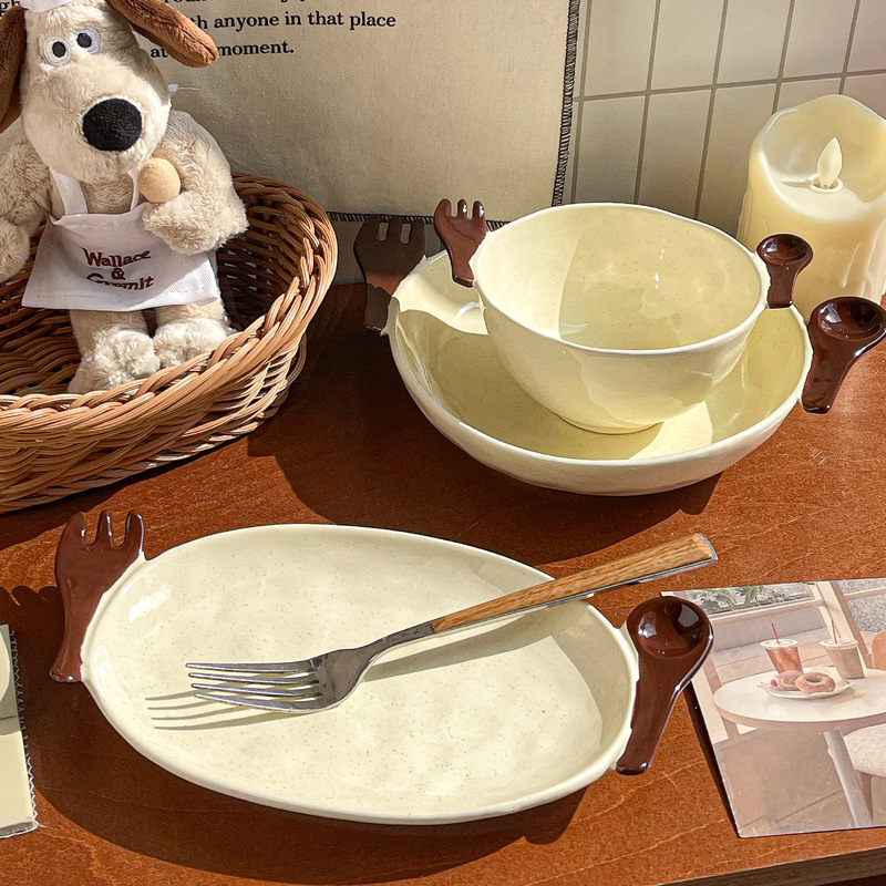 Let's Eat Brown Dessert Plate Rice Bowl Deep Plate Ceramic Tableware Cute and Fun Atmosphere Light Snack Salad Plate Yogurt Bowl Let's Eat Brown Dessert Plate Rice Bowl Deep Plate Ceramic Tableware Cute and Fun Atmosphere Light Snack Salad Plate Yogurt Bowl