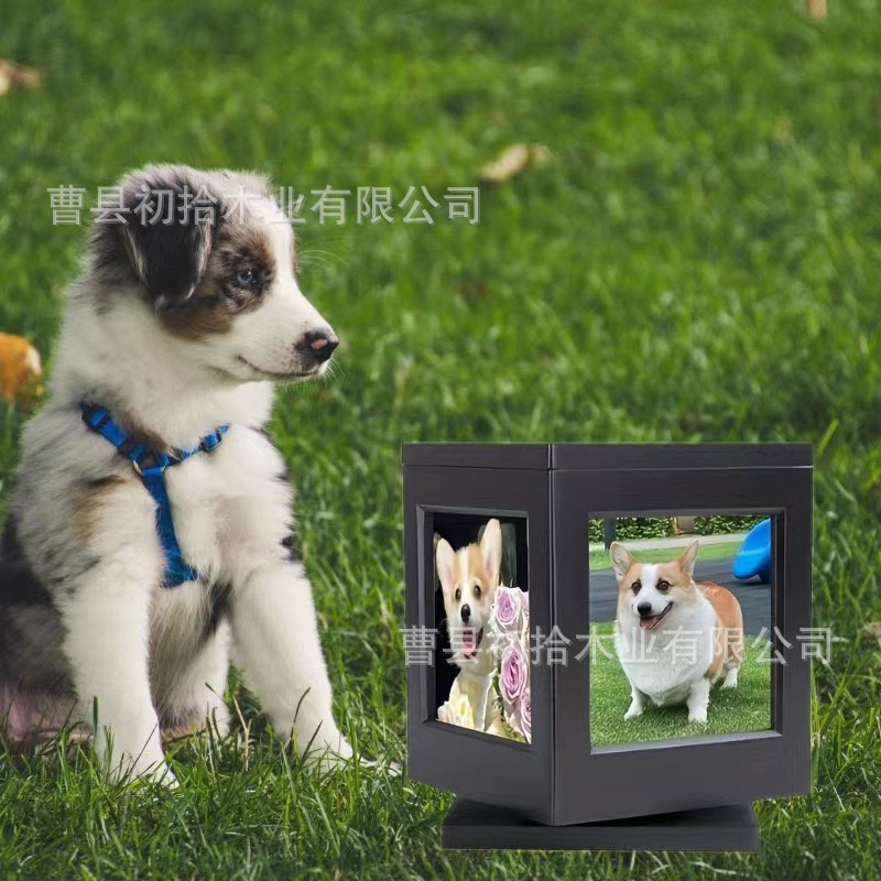 Urna de madera con marcos de fotos para mascotas, caja de ataúd de madera sólida, base giratoria, caja de recuerdo de madera para gatos image 1