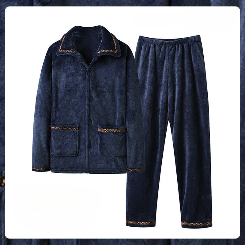 Transfronterizo hombre coral terciopelo pijama otoño y invierno grueso terciopelo cálido manga larga suelta franellas set de ropa para el hogar