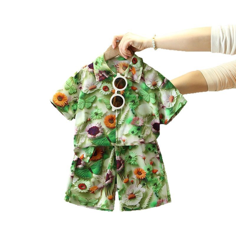7874 traje de manga corta de verano para niños 2025 nueva camisa para niños de dos piezas ropa de vacaciones de verano para bebés de moda