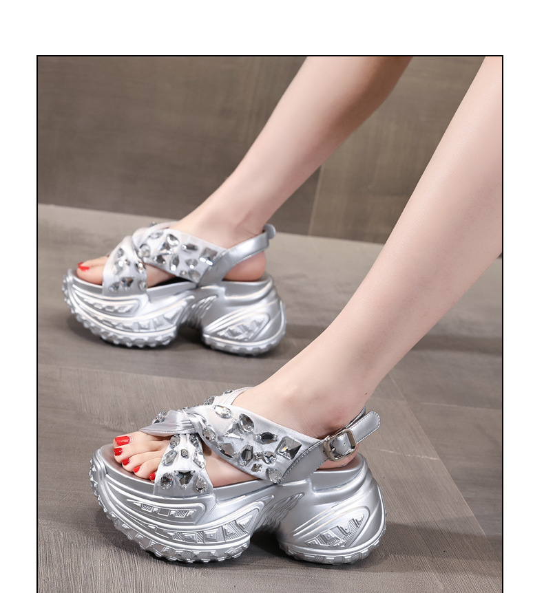 Sandal nữ đế dày tăng chiều cao đính đá phong cách La Mã — Màu đen, Màu bạc chi tiết 12