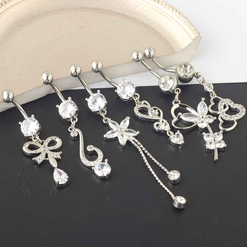 2021 Summer Cartoon Crown Belly Button Ring Set 6-Piece Silver Stainless Steel Navel Piercing Jewelry detail image 8
