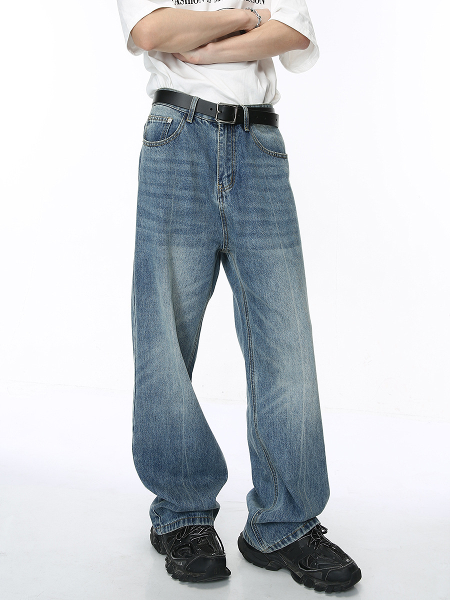 Ropa para hombre MTLCLOTHES | Vaqueros de pierna recta holgados, estilo coreano, desgastados, con efecto descolorido, para ir al trabajo y uso diario.