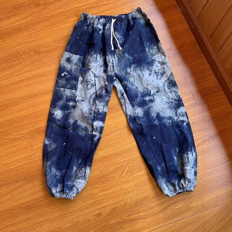 Ink-Colored Elephant Print Pants Made of Cotton and Linen, Breathable, Suitable for All Seasons, Ethnic Style, Loose Fit, Casual, Oversized, High-Waisted, Elastic Waistband