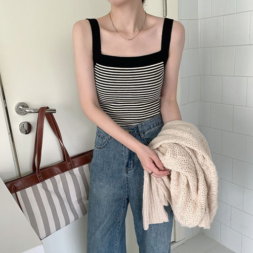 Retro striped knitted camisole women's  summer new short style inner wear and outer wear hot girl bottoming top