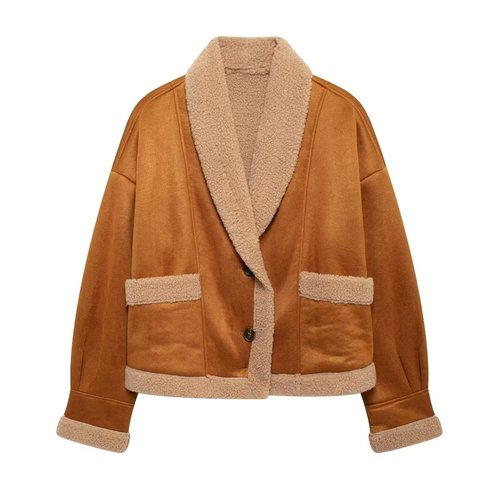 Women's winter collared leather and fur lined loose warm thick insulated coat top