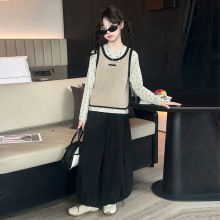 女童秋装套装2025新款韩版马甲波点打底衫春秋工装裤阔腿裤三件套