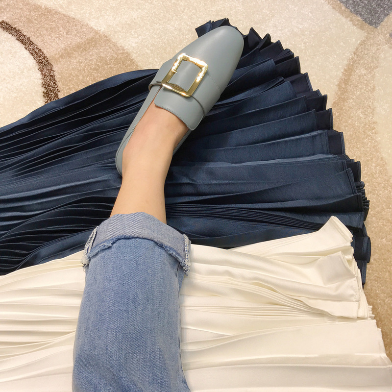 Haze Blue ~ Genuine Leather Square Buckle Flats Shoes, Goatskin Flats Shoes, Loafers, Small Leather Shoes, Women's Heel Two-Wear Shoes