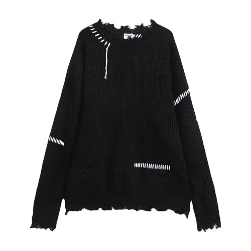 Designer Minimalist Knit Sweater for Both Men and Women, Trendy Brand with Embroidered Stitching, Distressed and Holey Round Neck Knit Sweater