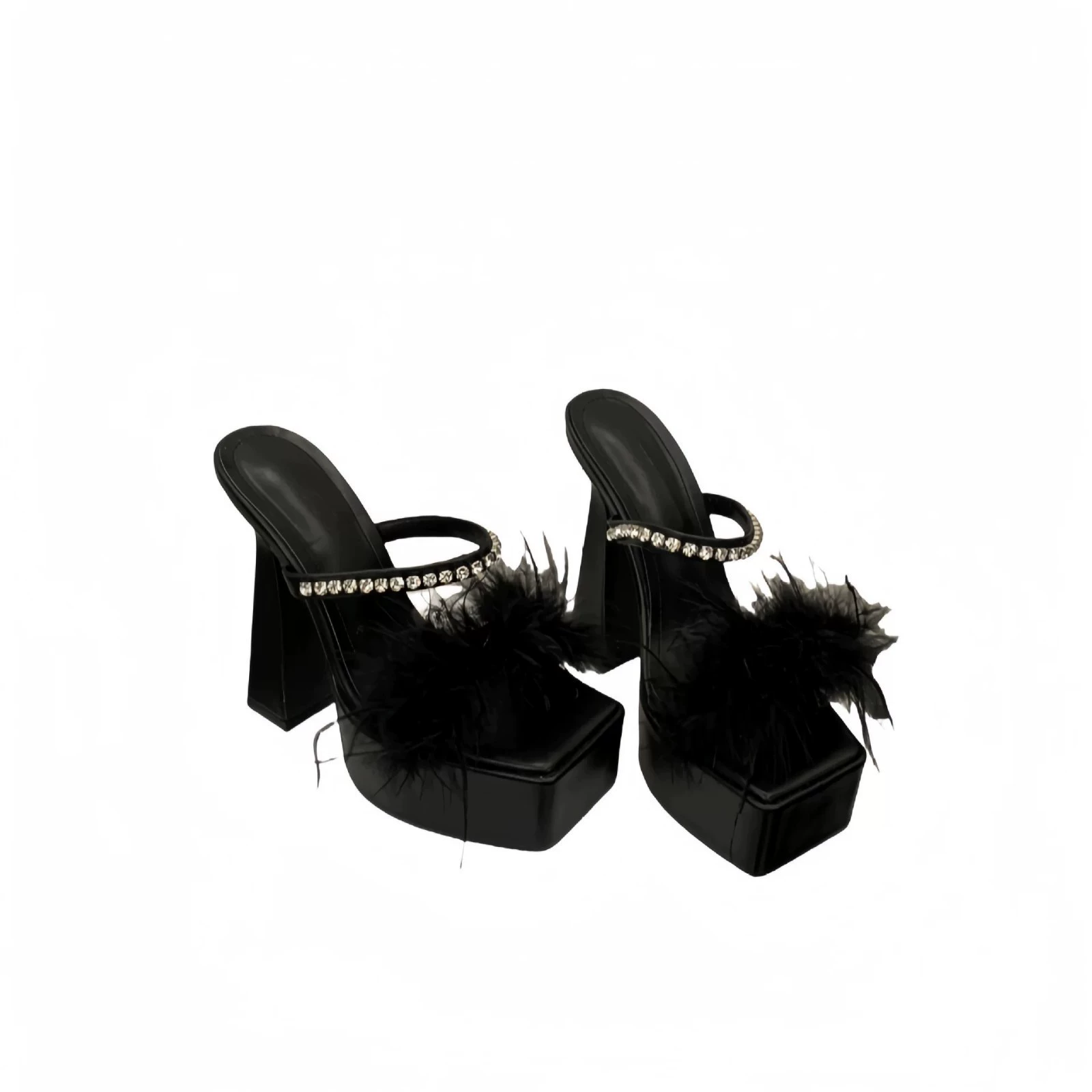 Cross-border shoes Maomao women's shoes 2025 new temperament open toe thick heel beaded one-line strap super high heel feather sandals
