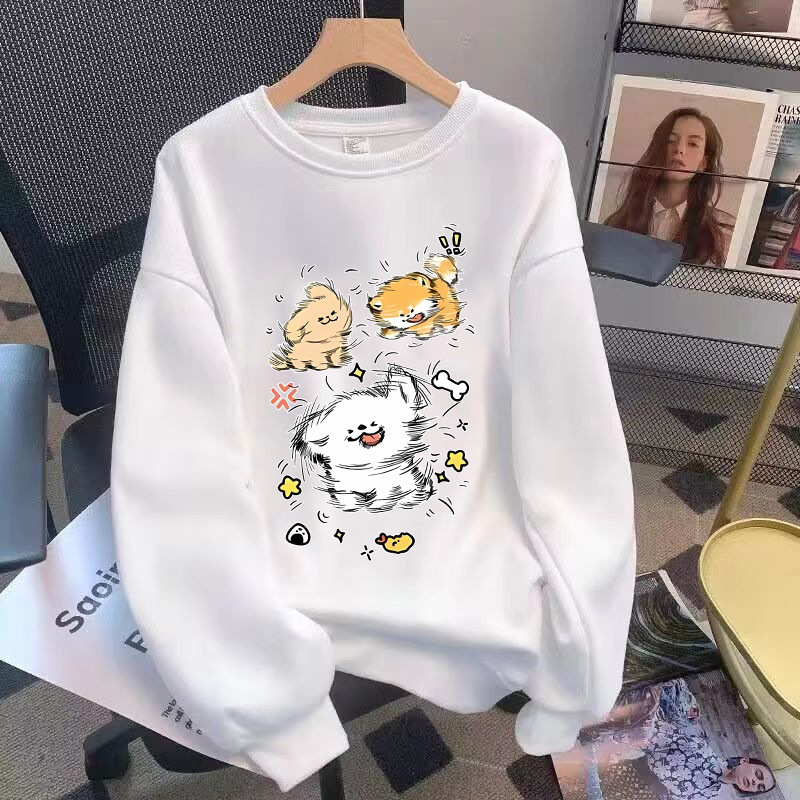 Early Autumn Hong Kong Style Dog Printed Round Neck Sweater for Women Couple Long Sleeve T-shirt Thin Solid Color Top T-shirt Early Autumn Hong Kong Style Dog Printed Round Neck Sweater for Women Couple Long Sleeve T-shirt Thin Solid Color Top T-shirt