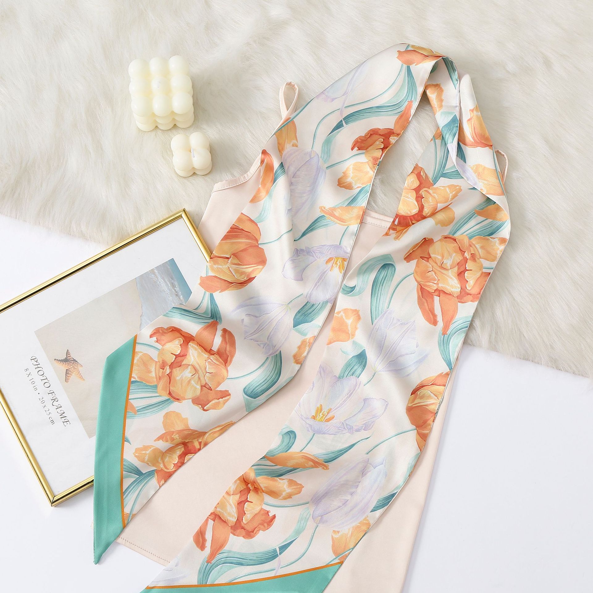Primavera nueva bufanda de seda artificial impresa al por mayor bufanda de seda larga cinta de las mujeres moda flor dulce pequeña bufanda