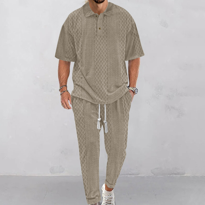 Conjunto de ropa de hombre transfronterizo de verano europeo y americano de color sólido cuello redondo de manga corta deportiva de comercio exterior camiseta de pantalones largos de dos piezas para hombres
