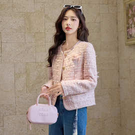 粉色法式小香风外套2025秋新款显瘦气质小个子绝美粗花呢短上衣