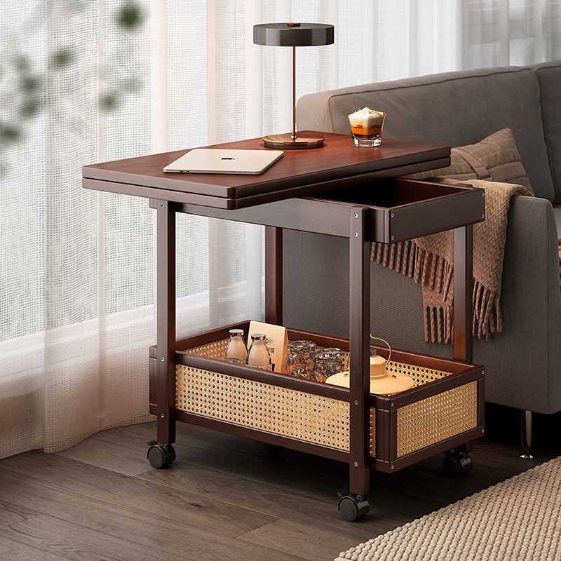 Medieval Style Bamboo Foldable Cart Small Apartment Side Table Coffee Table Living Room Sofa Side Cabinet Storage Rack Removable