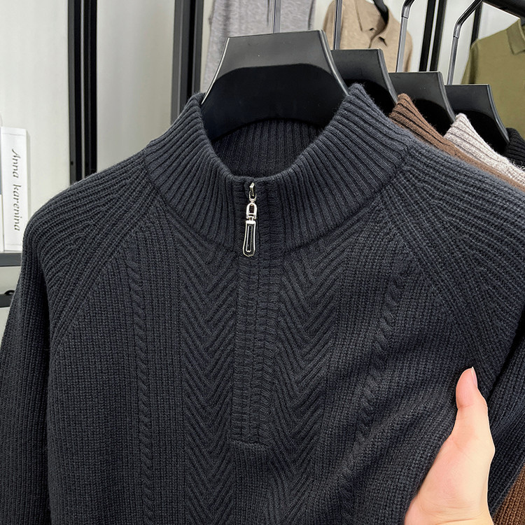 Suéter de lana hombre de media altura con cremallera collar suéter de invierno Jacquard cálido suéter de punto casual juvenil