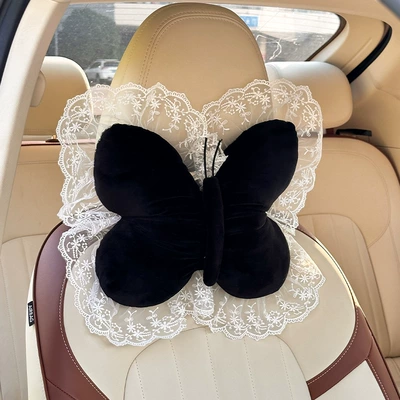 Creative Bow Car Headrest and Waist Support Cross-Border New Product Car Cushion Neck Pillow Plush Car Waist Support Cushion (Waist support) - plush-butterfly-headrest-black