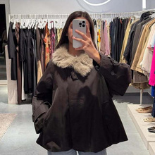 跨境欧美风女装秋冬季新款法式休闲直筒下摆翻领长袖防水派克外套