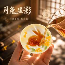 中秋限定月兔桂花杯陶瓷手绘釉下彩功夫茶杯非遗文创礼品主人杯