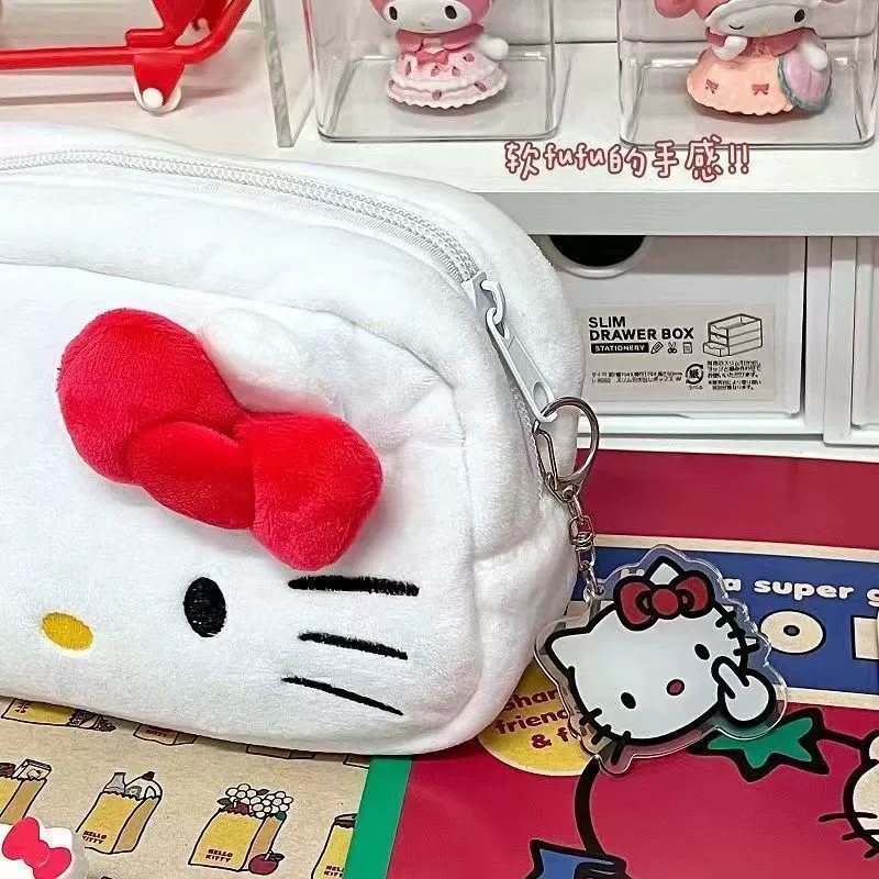 Pencil Case Hello Kitty, Plush Large-Capacity Storage Bag, Soft Bow Design