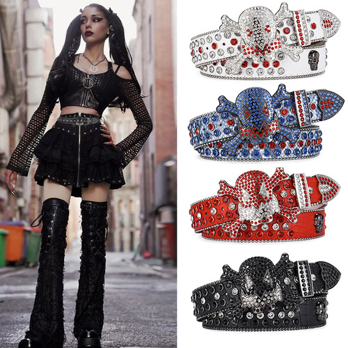 Skull buckle rhinestone European and American men's hip-hop punk style belt personality fashion versatile belt women's full diamond belt