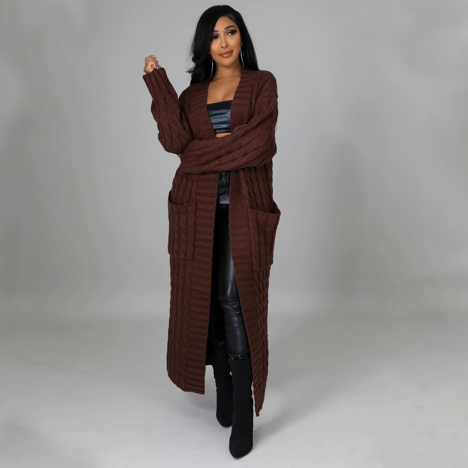 2025 nuevo otoño e invierno Amazon ropa de mujer europea y americana moda bolsillo cárdigan casual suéter de manga larga largo color sólido exterior