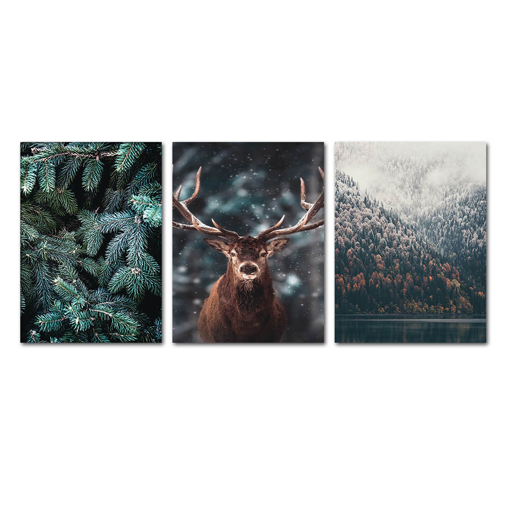 速卖通北欧雾森林鹿动物帆布画 大自然山湖风景客厅卧室无框画|ru