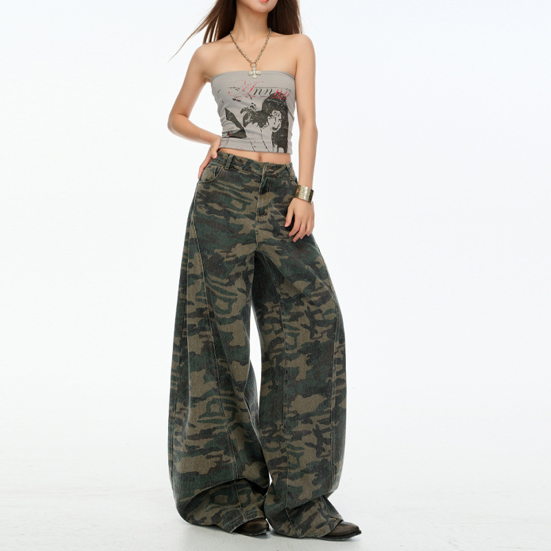 American-Style Camouflage Work Pants and Jeans for Women, New Spring and Autumn High-Waisted Loose Slimming Straight Wide-Leg Jeans, Trendy