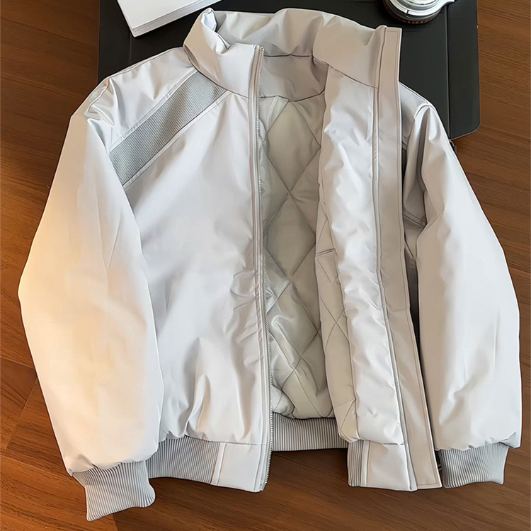 Gray American Bomber Jacket Cotton Jacket Men's Winter Stand Collar Quilted Baseball Jacket Bomber Short Jacket Trendy Gray American Bomber Jacket Cotton Jacket Men's Winter Stand Collar Quilted Baseball Jacket Bomber Short Jacket Trendy