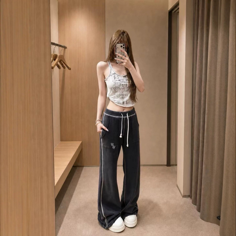 Korean New Style! Stickman Embroidered Patchwork Sweatpants for Women, Heavyweight Drapey Loose Fit, Slimming Flared Floor-Length Pants Korean New Style! Stickman Embroidered Patchwork Sweatpants for Women, Heavyweight Drapey Loose Fit, Slimming Flared Floor-Length Pants