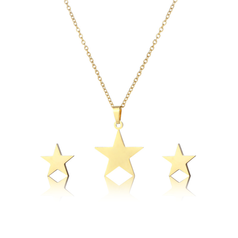 18K Golden Five-pointed Star Necklace Three-piece Set Star Stud Earrings Stainless Steel Small Set