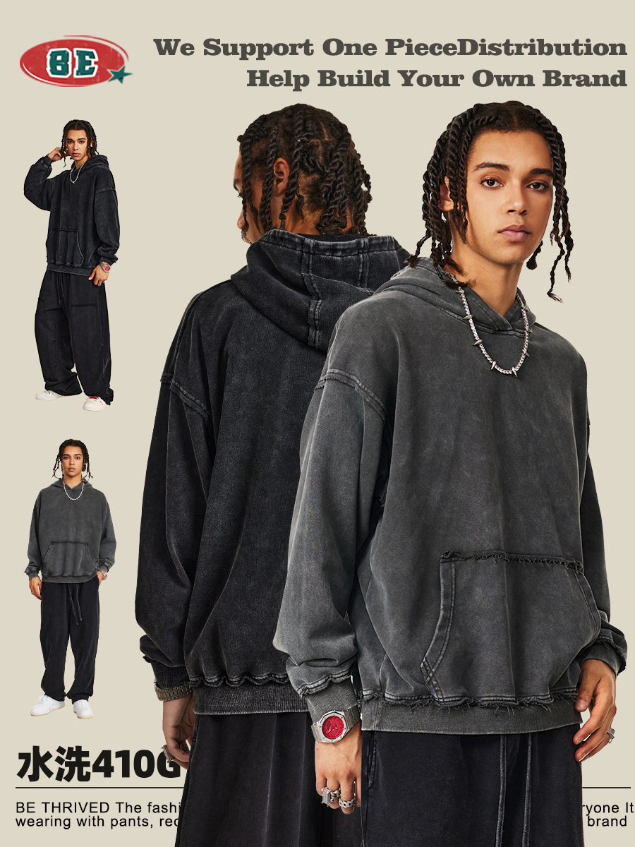 Be Hombres| 2025 otoño calle alta 410G sudadera encapuchada bordes sueltos vibe batítico suelta camisa con sombrera para hombres y mujeres