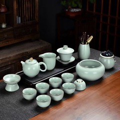 Wholesale Business Gift Porcelain Gongfu Tea Set with "Many Children, Much Fortune" Theme, Azure Blue Ru ware, Dehua Ceramic Tea Set for Home Use