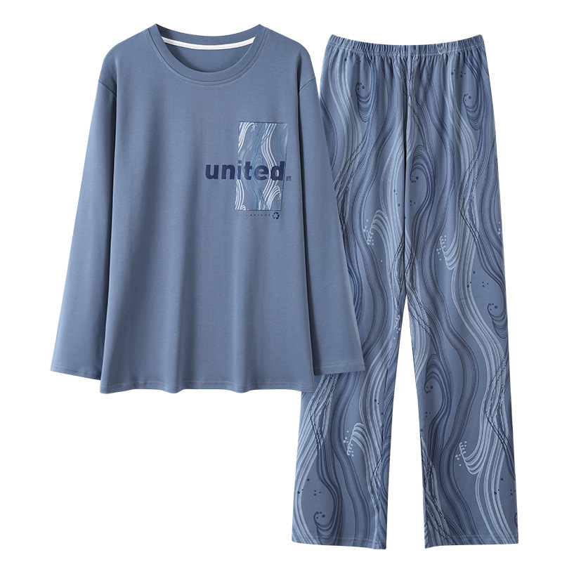 Pijama de algodón masculino primavera y otoño rayas cómodo color sólido delgado casual suelto pantalones largos de mangas largas set de ropa para el hogar