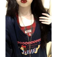 甜美可爱涂鸦刺绣挂脖背心卫衣两件套女秋冬oversize宽松连帽上衣