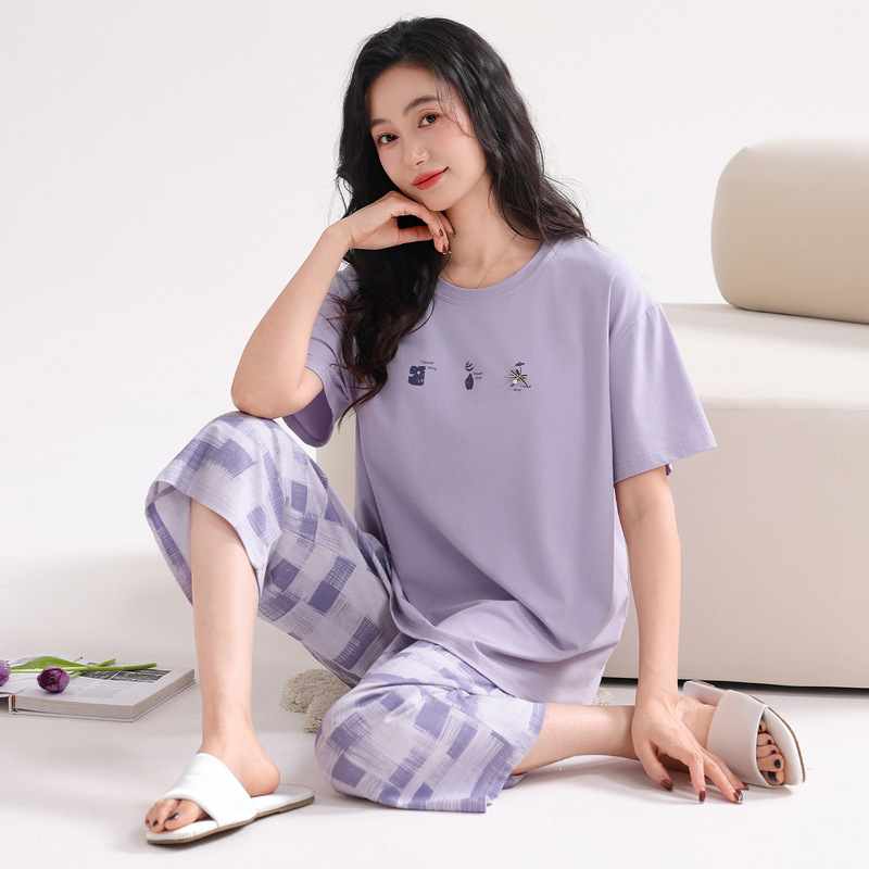 Large Size Pure Cotton Pajamas for Women, Summer Thin Short-Sleeved Cropped Pants, Round Neck, Summer Women's Style, Can Be Worn Outside, All-Cotton Loungewear