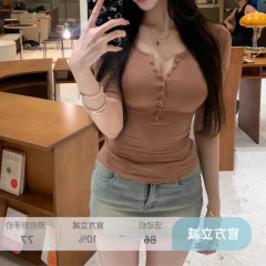韩女秘籍 纯欲风中袖T恤女咖色紧身半开领修身上衣